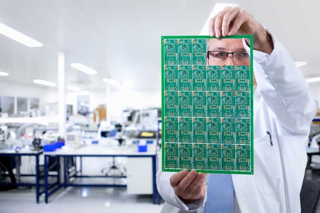 Engineer in a lab coat holding up a printed circuit board in an electronics lab
